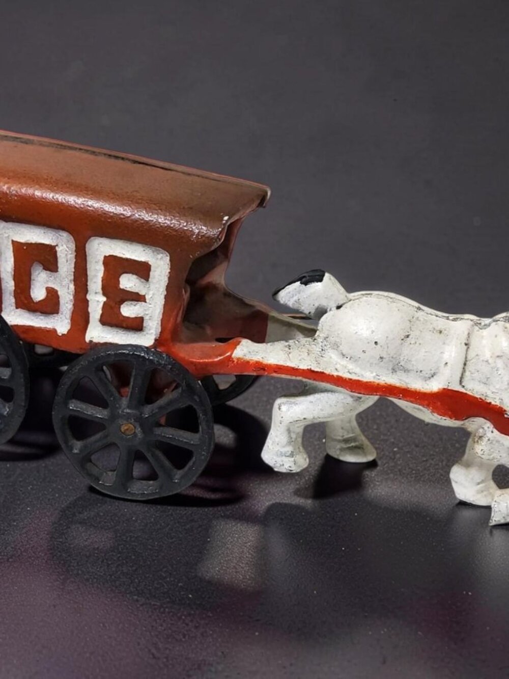 vintage cast iron red ice wagon white horse drawn cart carriage toy